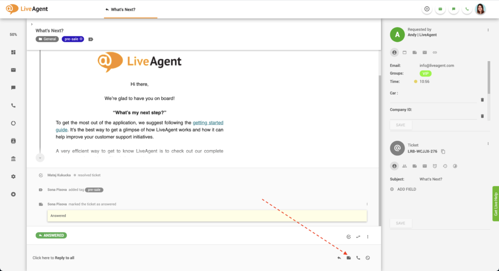 زر إضافة ملاحظة في LiveAgent