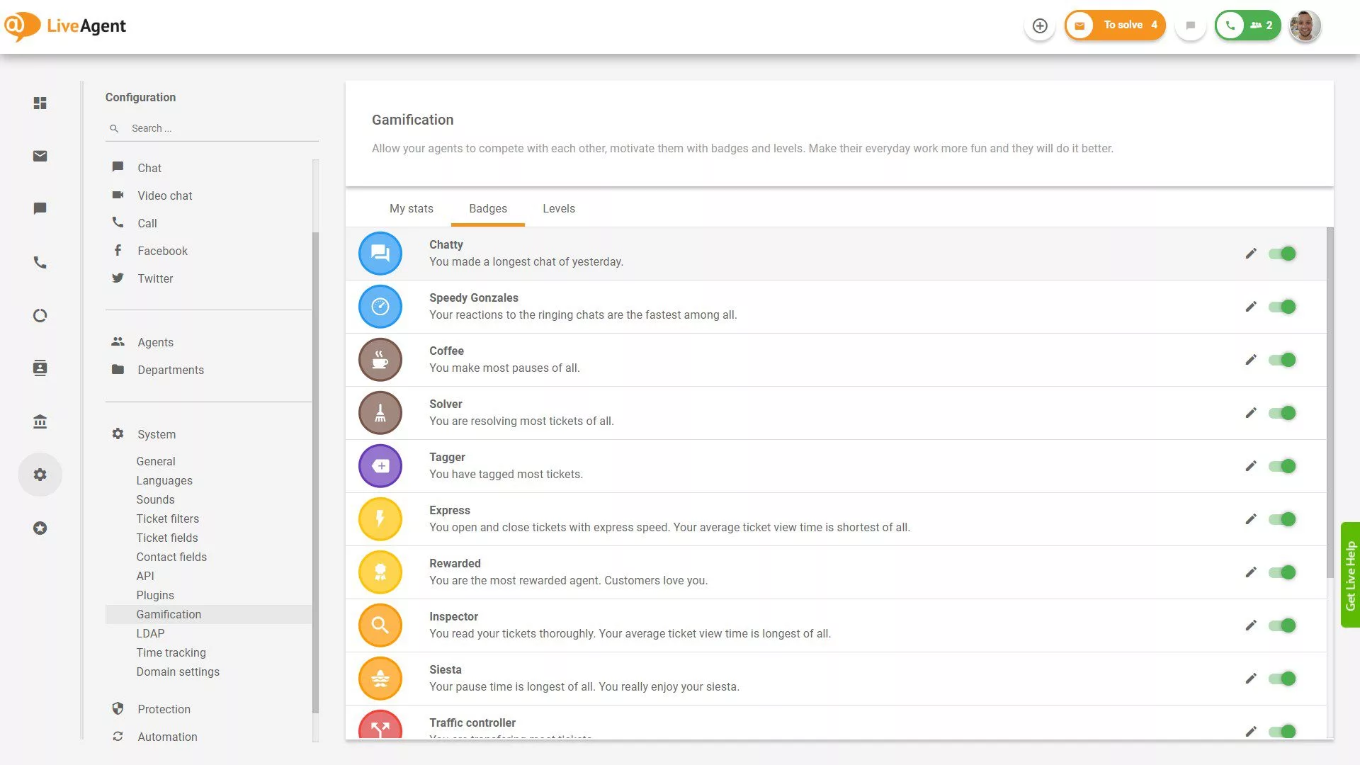 قائمة الشارات المتاحة في LiveAgent