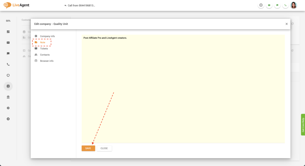 ملاحظة شركة في LiveAgent