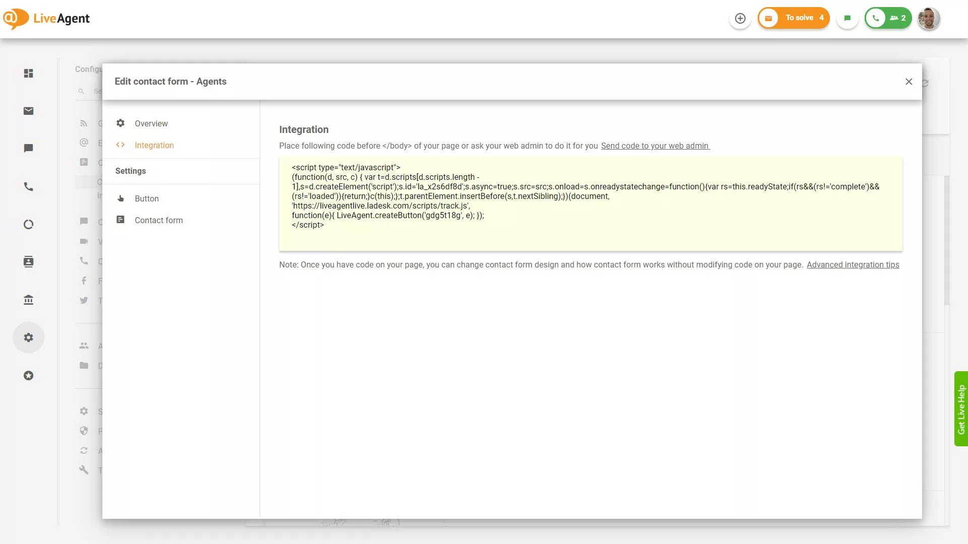 كود تكامل نموذج الاتصال في LiveAgent