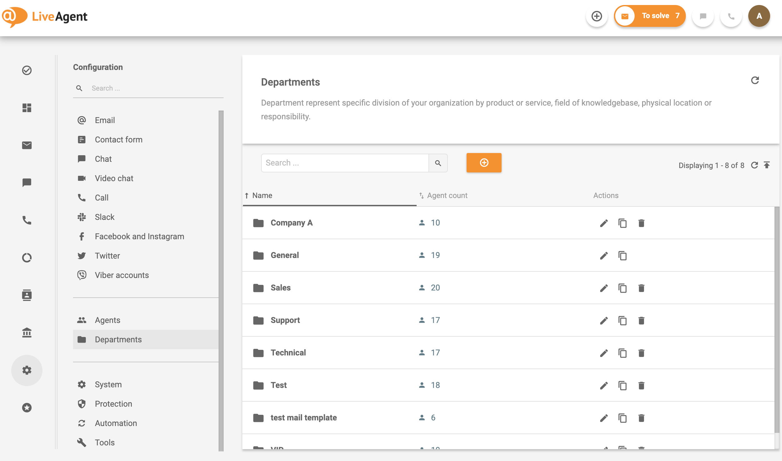 الأقسام في LiveAgent