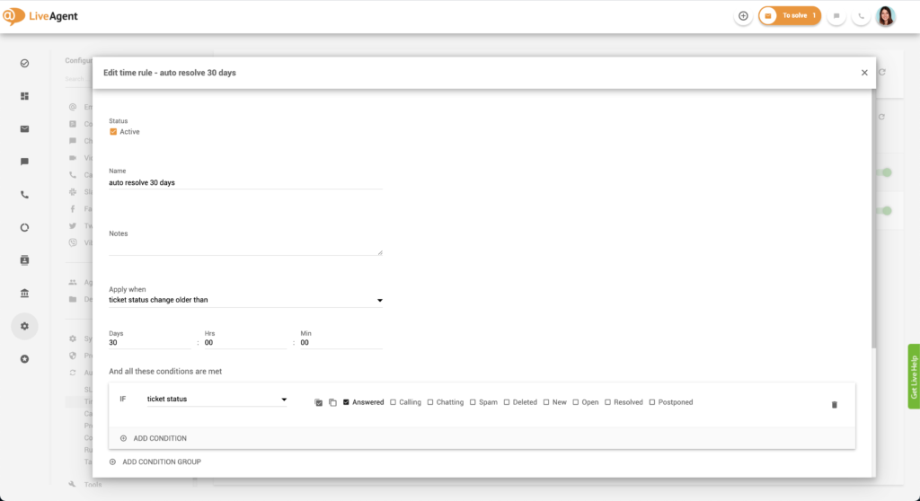تحرير قاعدة وقت في LiveAgent