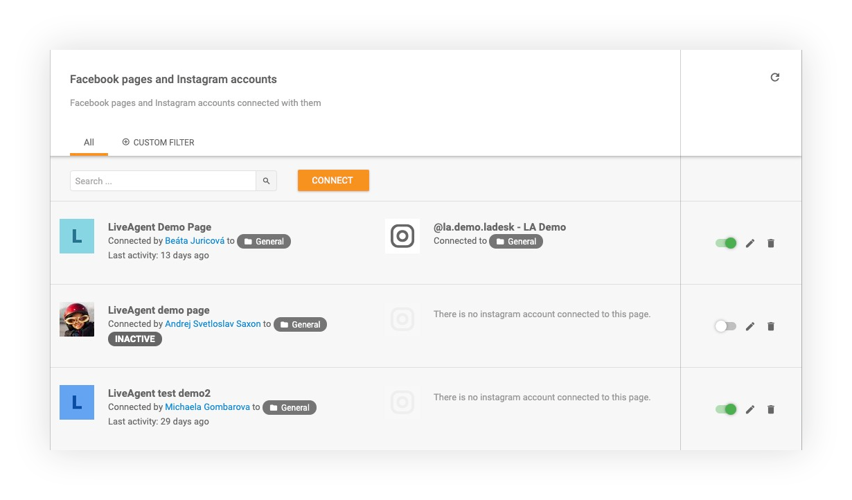 Facebook و Instagram متصلة في LiveAgent