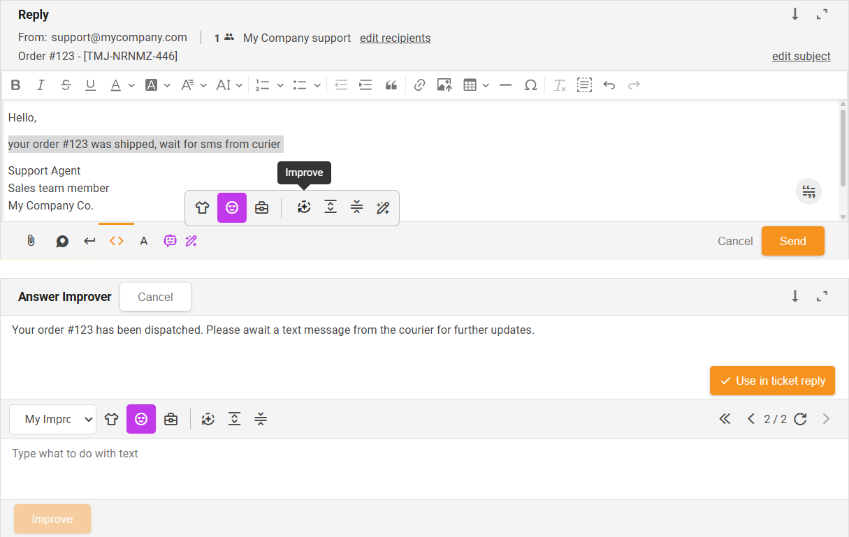 Improve function AI Answer Improver - interface overview