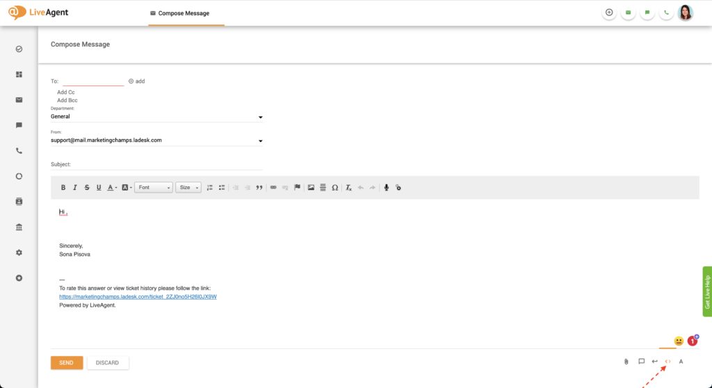 زر محرر HTML في LiveAgent