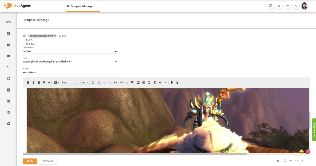 لصق الصور المضمنة في LiveAgent