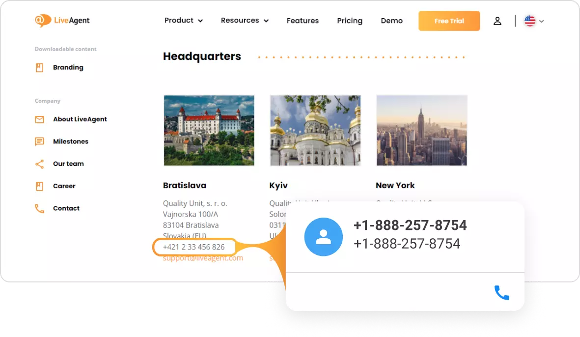 بطاقة جهات الاتصال النقر للاتصال من LiveAgent