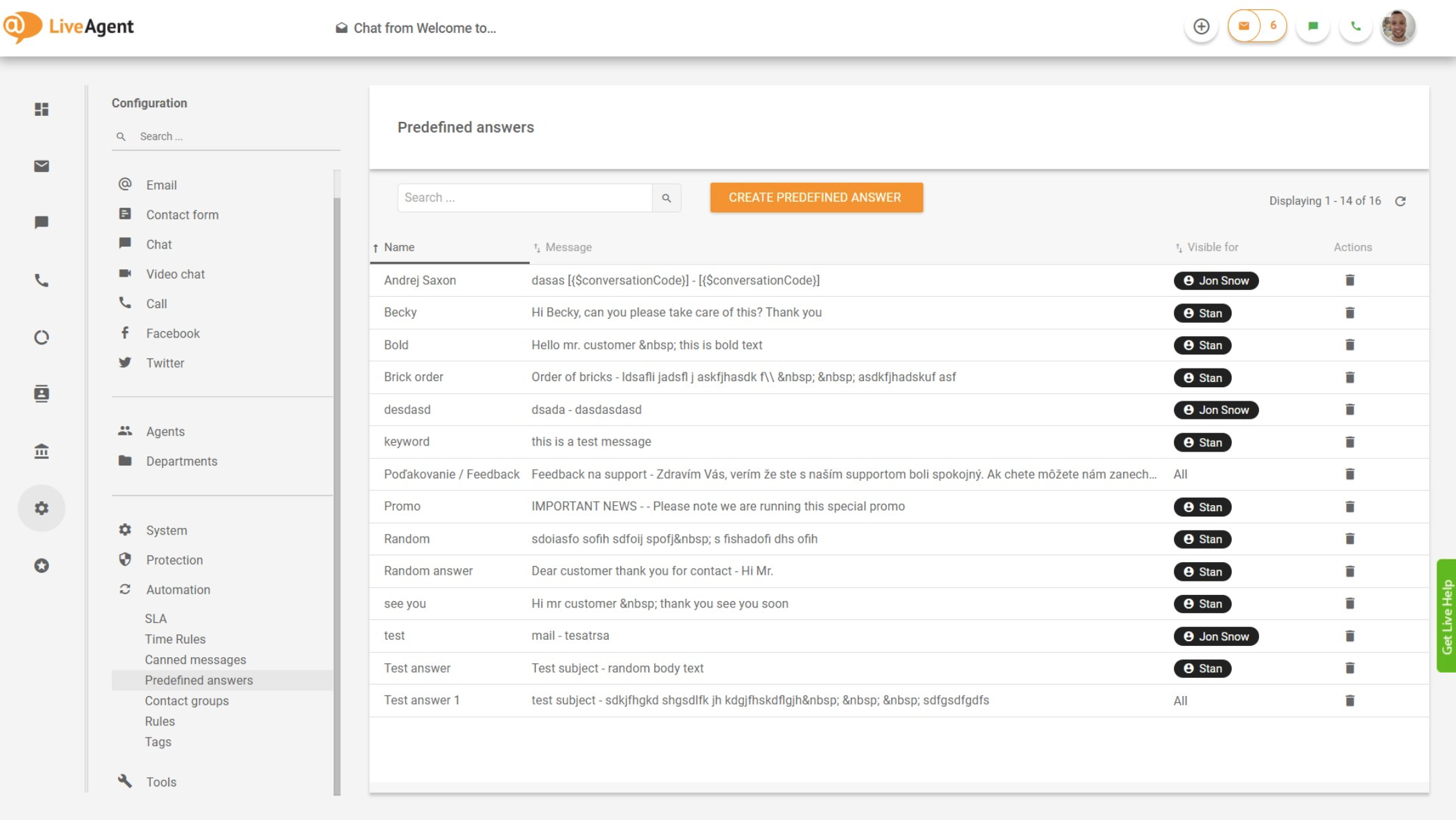 LiveAgent – نظرة عامة على الإجابات المحددة مسبقاً