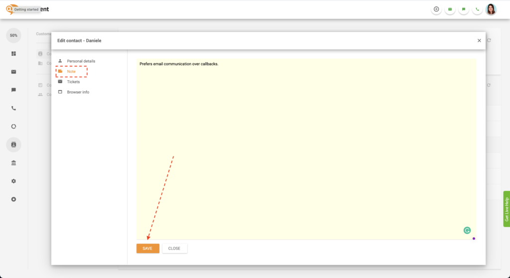 حفظ ملاحظة جهة الاتصال في LiveAgent
