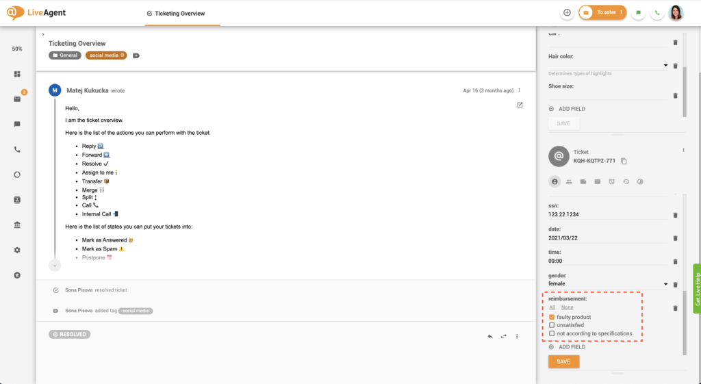 مثال على مجموعة خانات اختيار حقول التذاكر