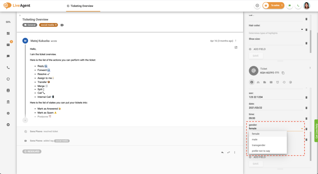 مثال على صندوق قائمة حقول التذاكر