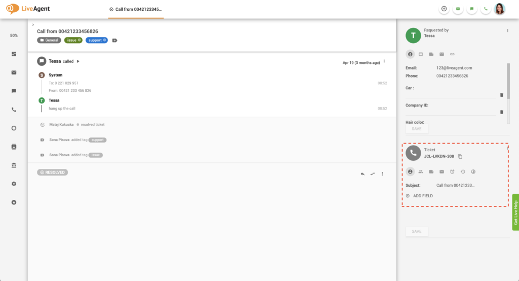 لوحة معلومات التذكرة في LiveAgent
