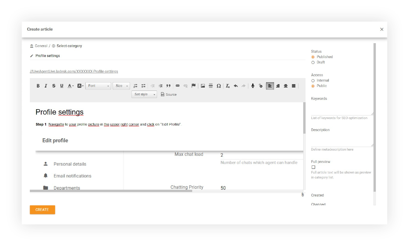 محرر WYSIWYG للمقالات في LiveAgent