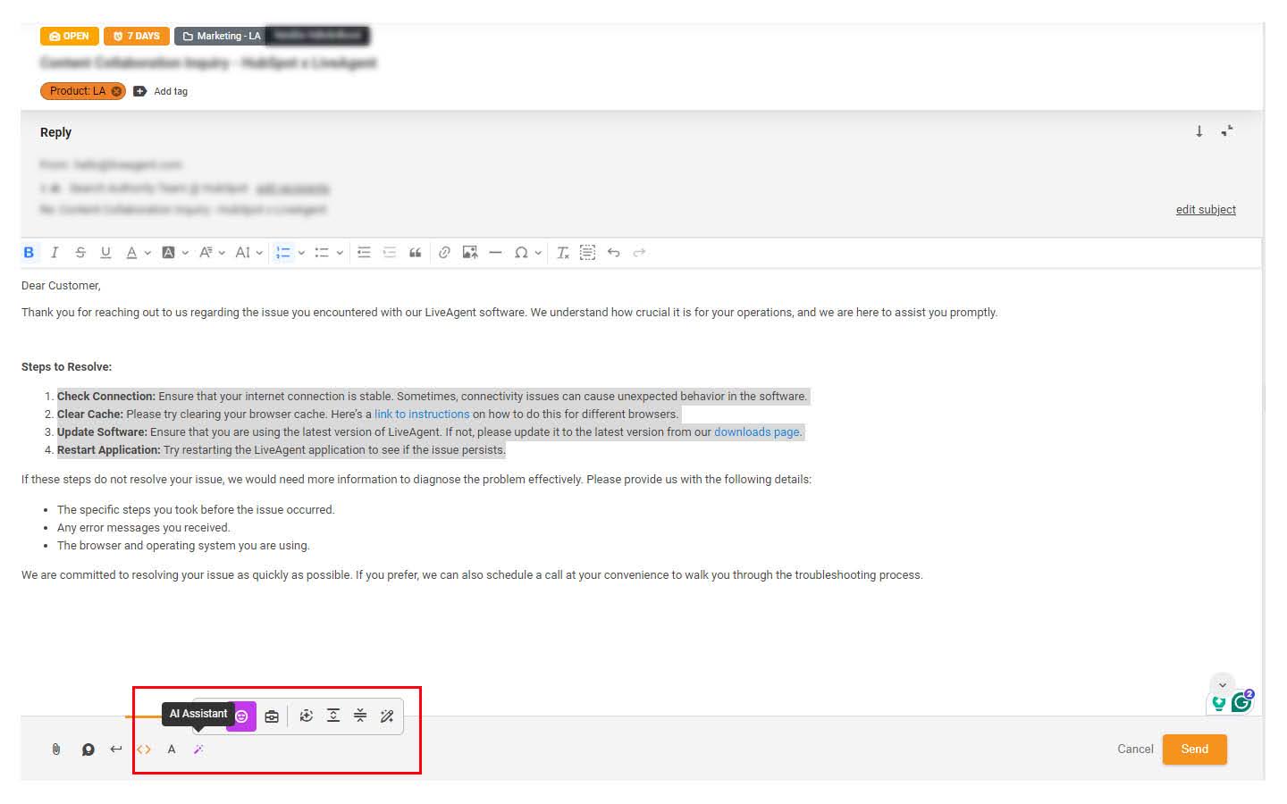مساعد الذكاء الاصطناعي في LiveAgent يساعد في الإجابة على تذكرة