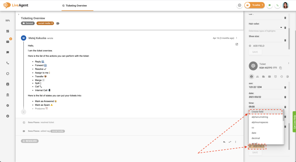 إضافة حقل تذكرة جديد في عرض التذكرة