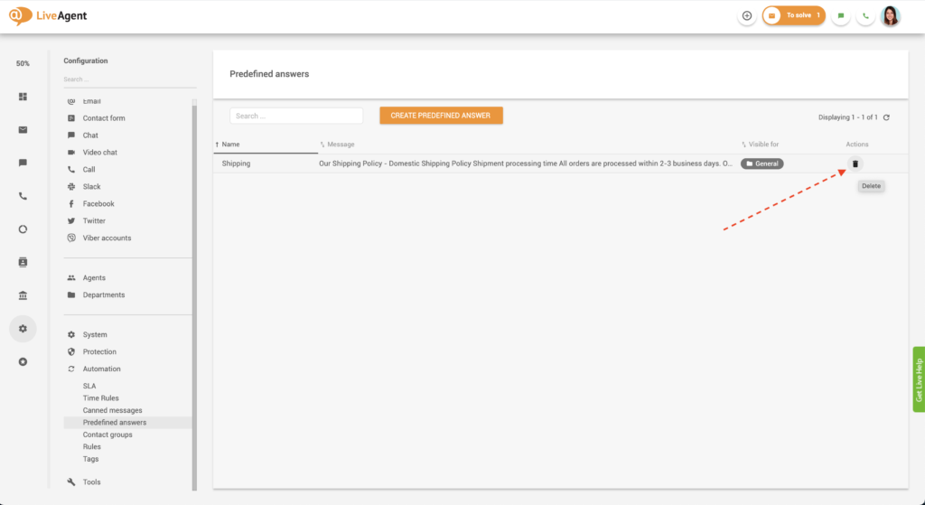 حذف إجابة محددة مسبقاً في LiveAgent