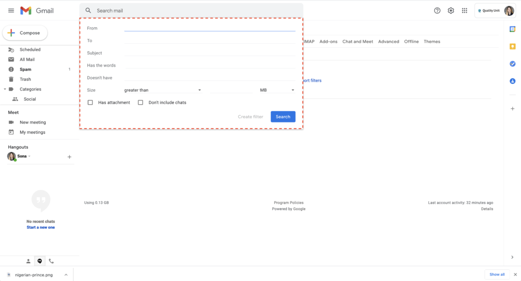 مثال على تصفية البريد العشوائي في Gmail 2