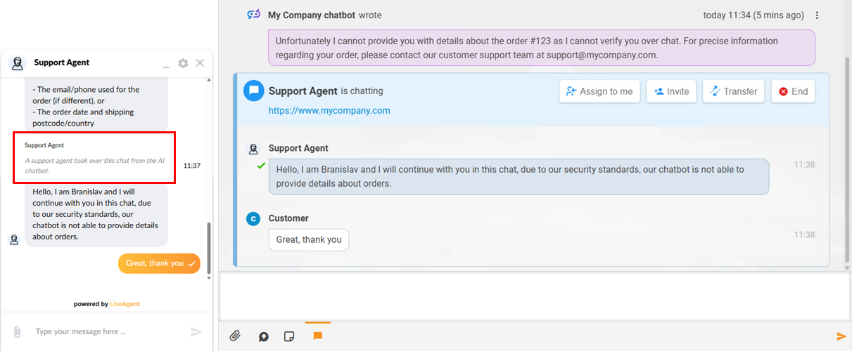 معاينة تحويل الذكاء الاصطناعي للإنسان في LiveAgent