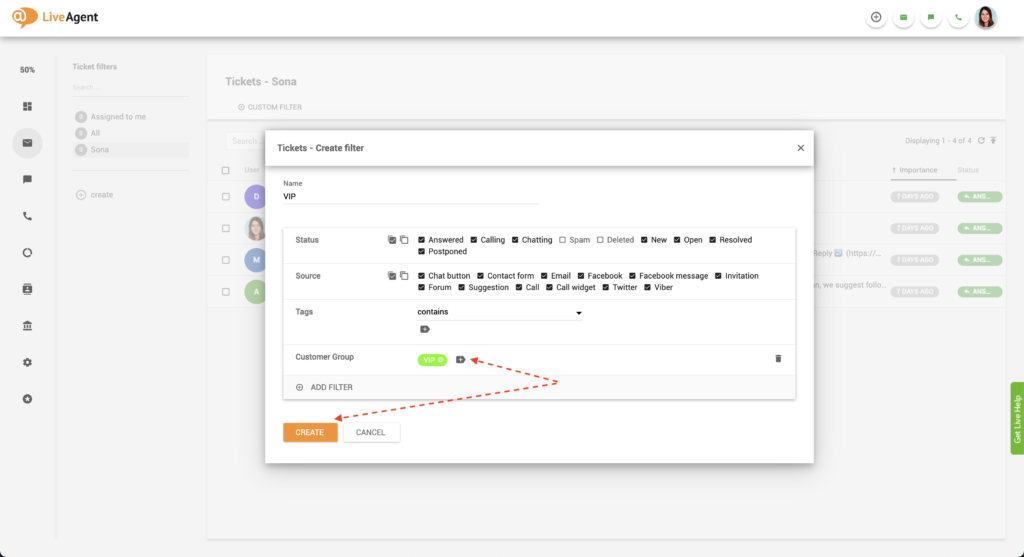 إضافة مرشح تذكرة VIP في LiveAgent
