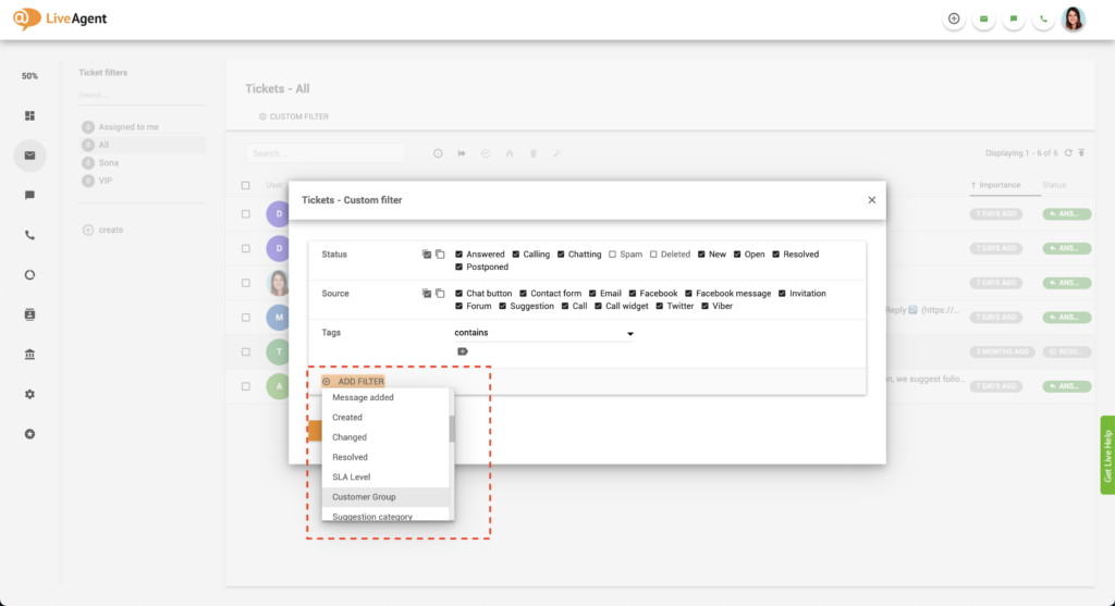 إضافة مرشح عميل في LiveAgent