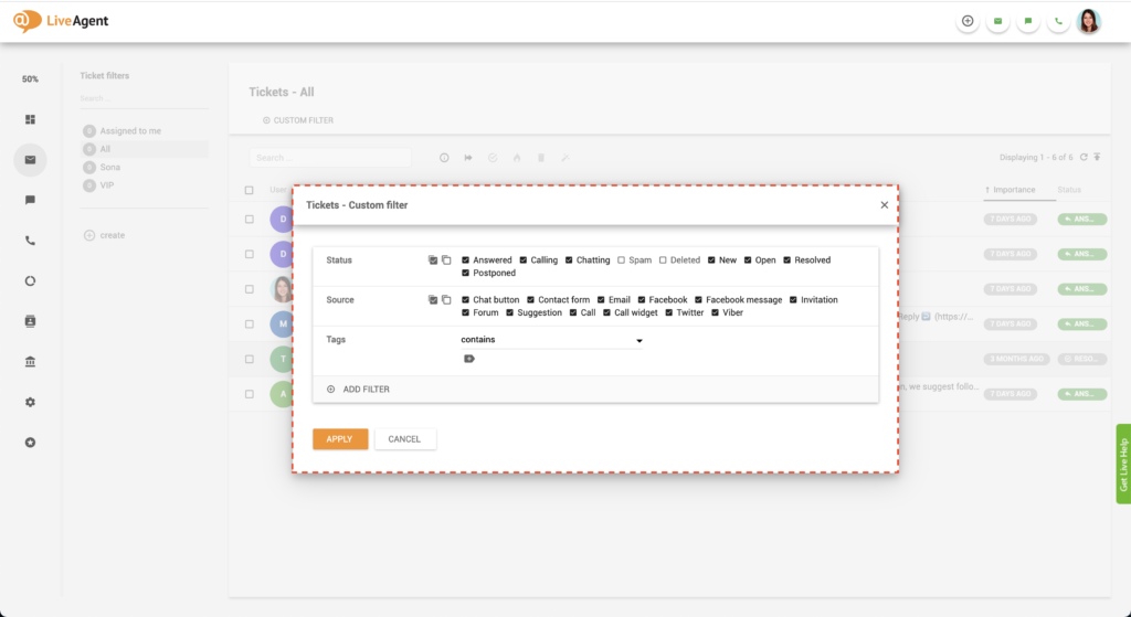 اختيار مرشح في LiveAgent