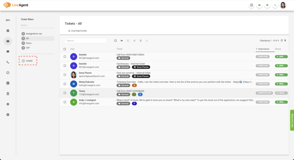 إنشاء مرشح في LiveAgent