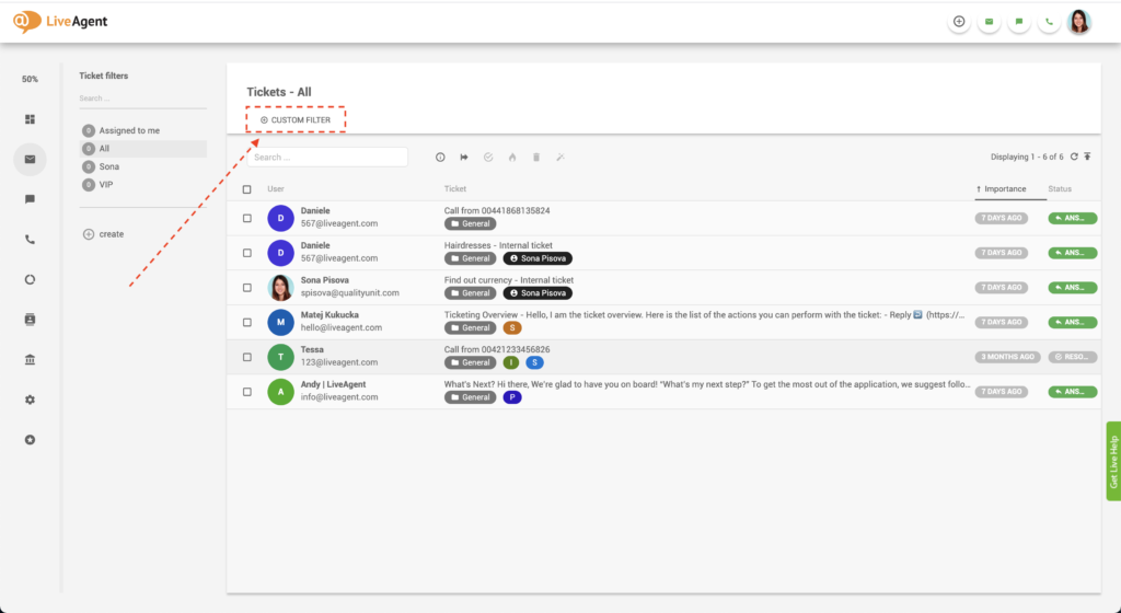 مرشح مخصص في LiveAgent