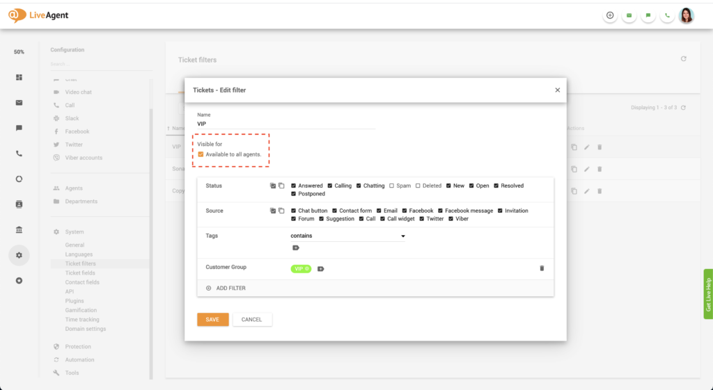 تحرير مرشح عام في LiveAgent