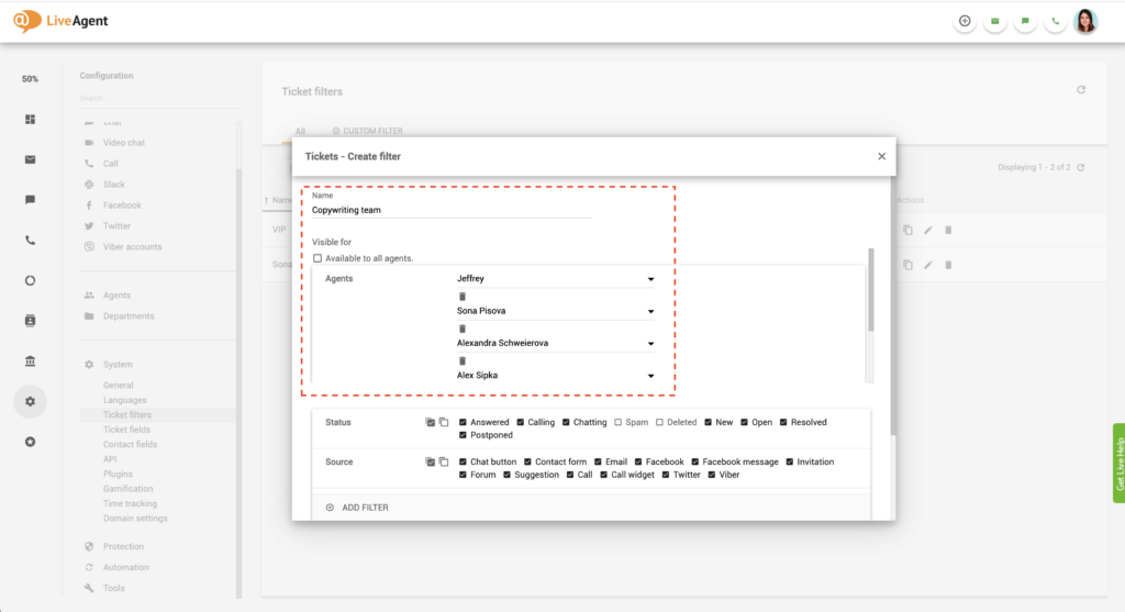 مرشح عام في LiveAgent