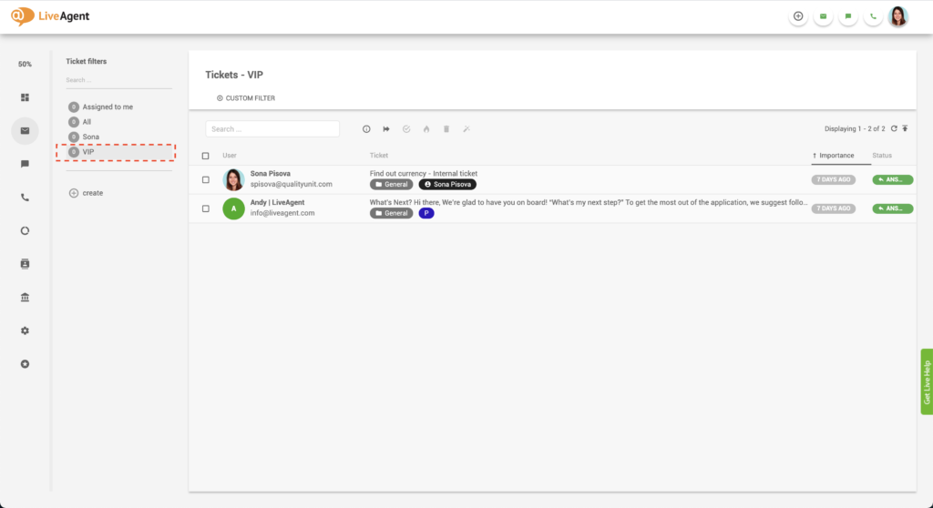 مرشح تذكرة VIP في LiveAgent