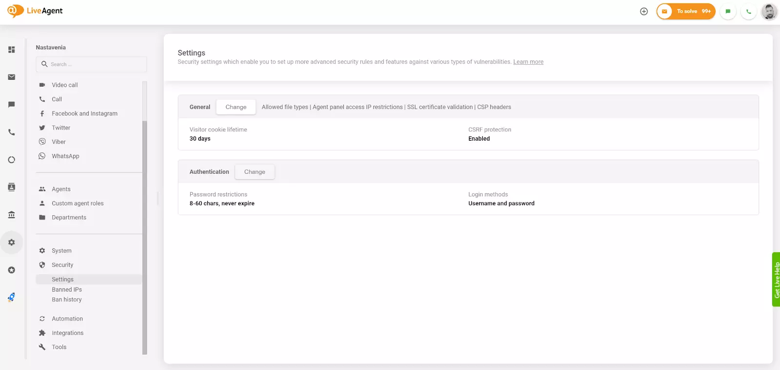 تغيير إعداد المصادقة في LiveAgent