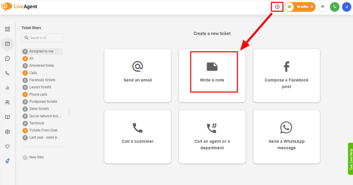 استخدام الملاحظات الداخلية لإنشاء تذكرة في LiveAgent