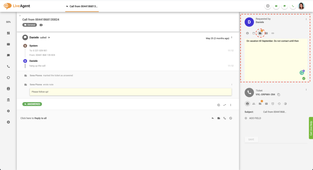 ملاحظة عميل في LiveAgent
