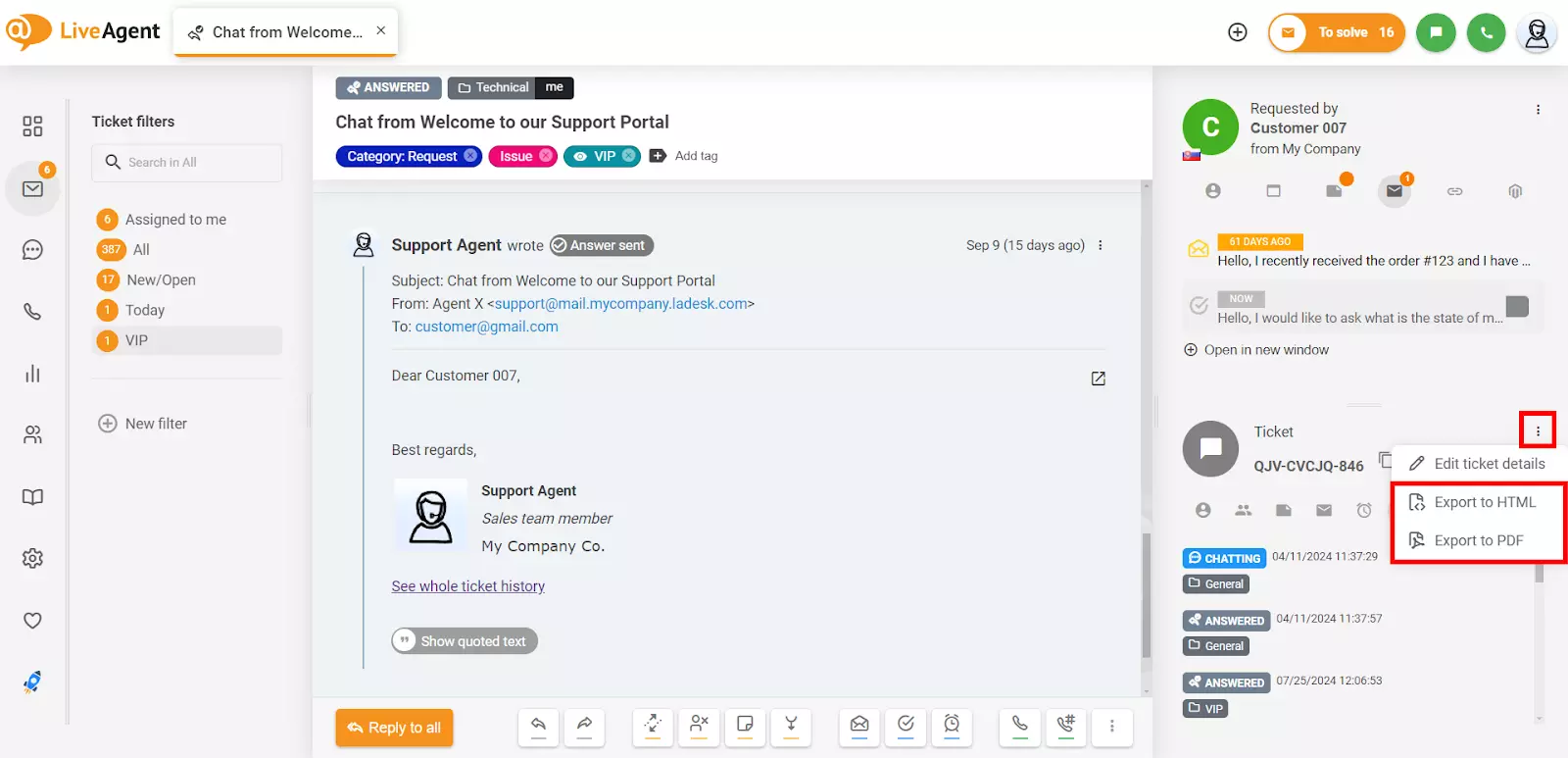 تفاصيل تذكرة Liveagent - تصدير التذكرة