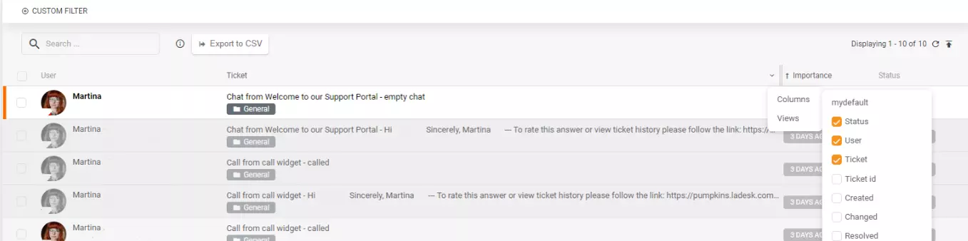 تصدير CSV للأعمدة أو العروض المحددة