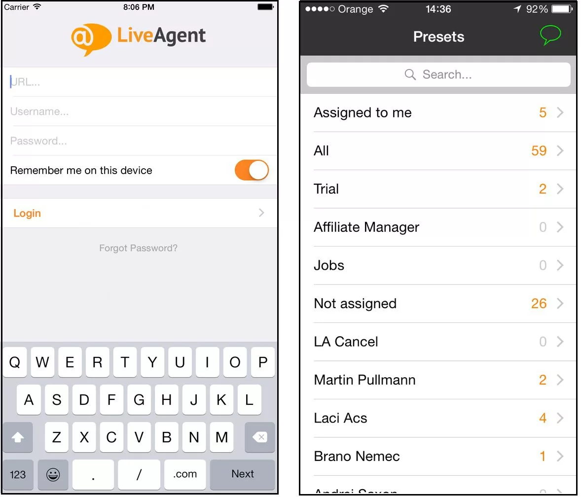 واجهة تطبيق LiveAgent iOS