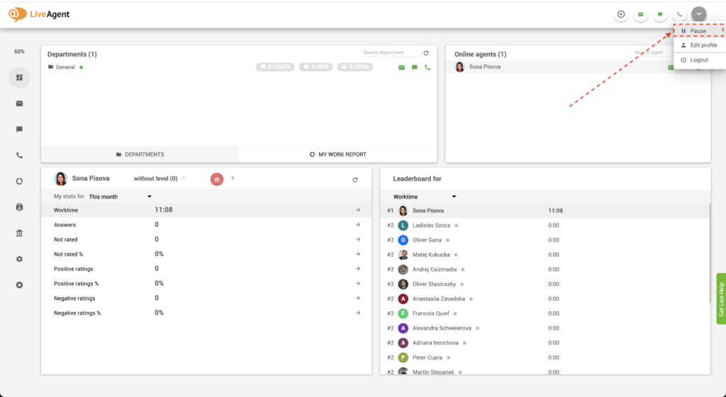LiveAgent - زر الإيقاف المؤقت