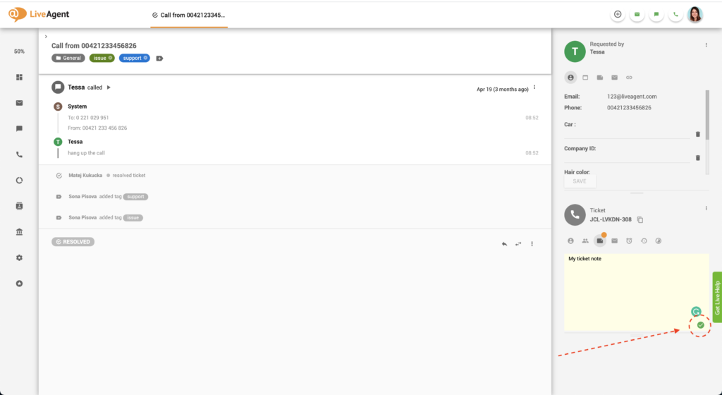 ملاحظات التذاكر في LiveAgent