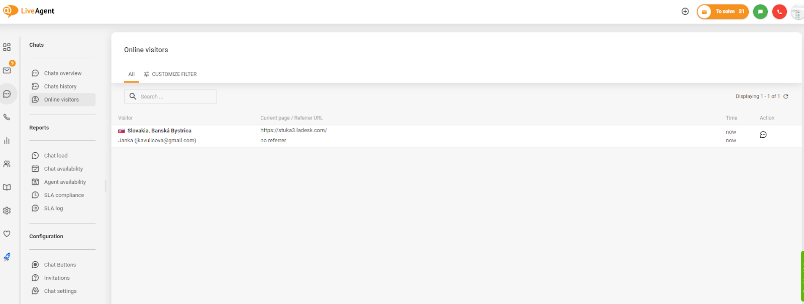 لقطة شاشة لتتبع زوار الموقع في LiveAgent
