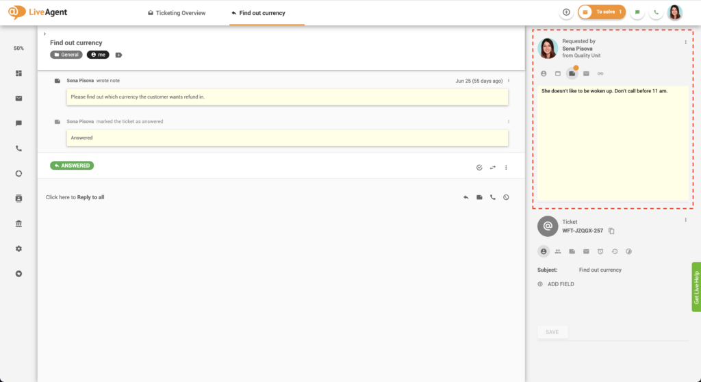 ملاحظات في التذاكر - LiveAgent