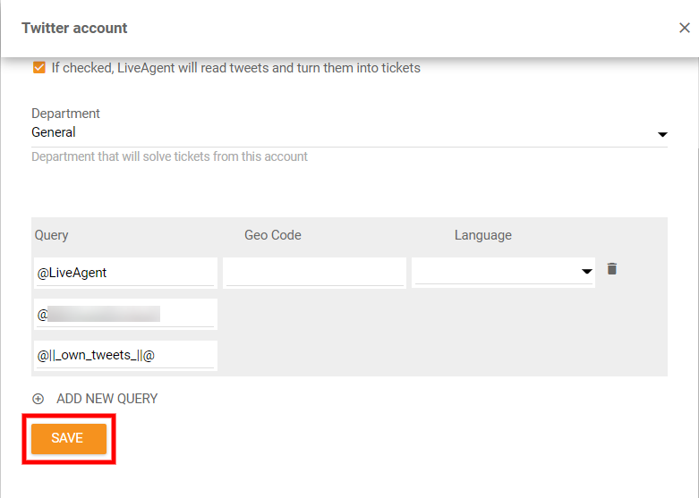 حفظ إعدادات تكامل تويتر