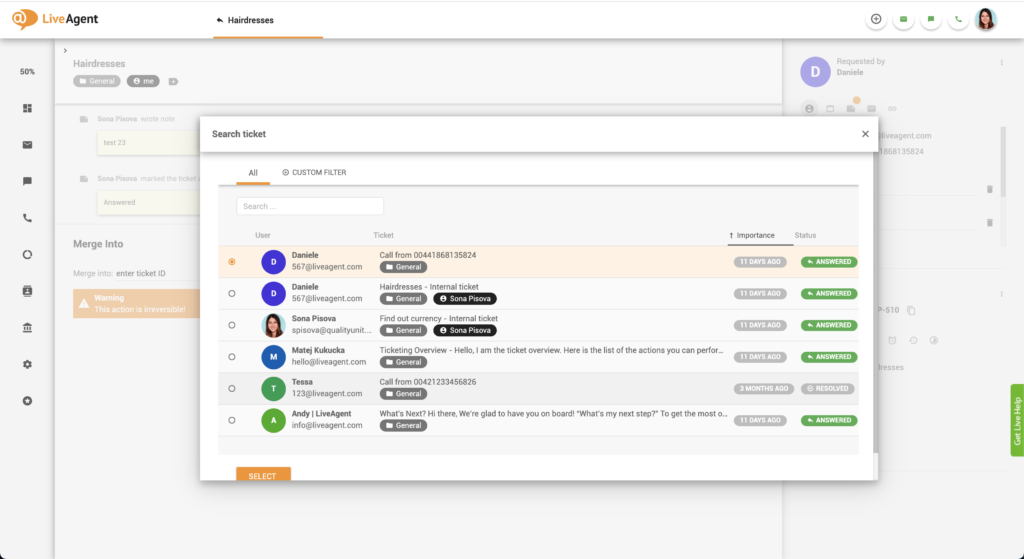 تحديد التذكرة للدمج