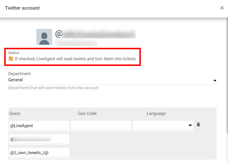 حدد خانة الاختيار الحالة لتويتر