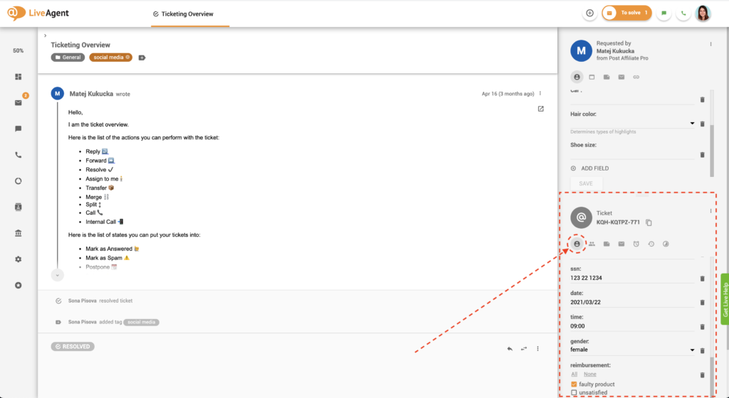 حقول التذاكر في عرض التذكرة