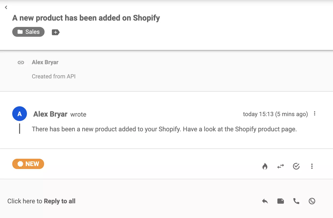 تذكرة جديدة تم إرسالها من Shopify بعد إنشاء منتج