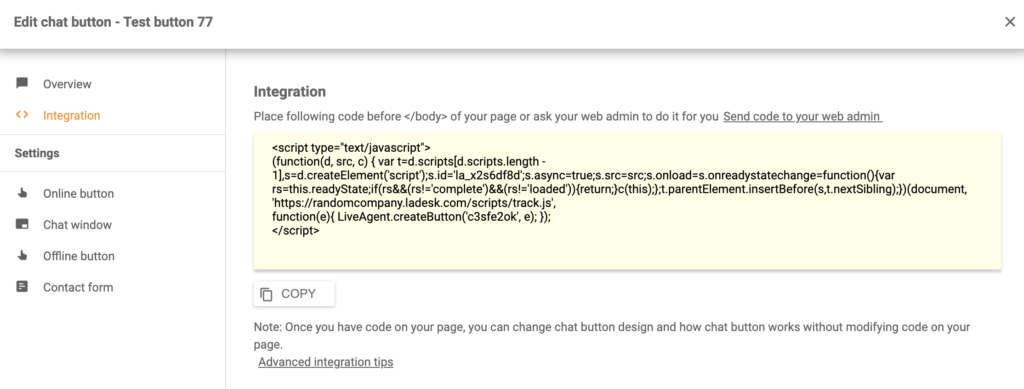 كود تكامل Shift4Shop مع LiveAgent