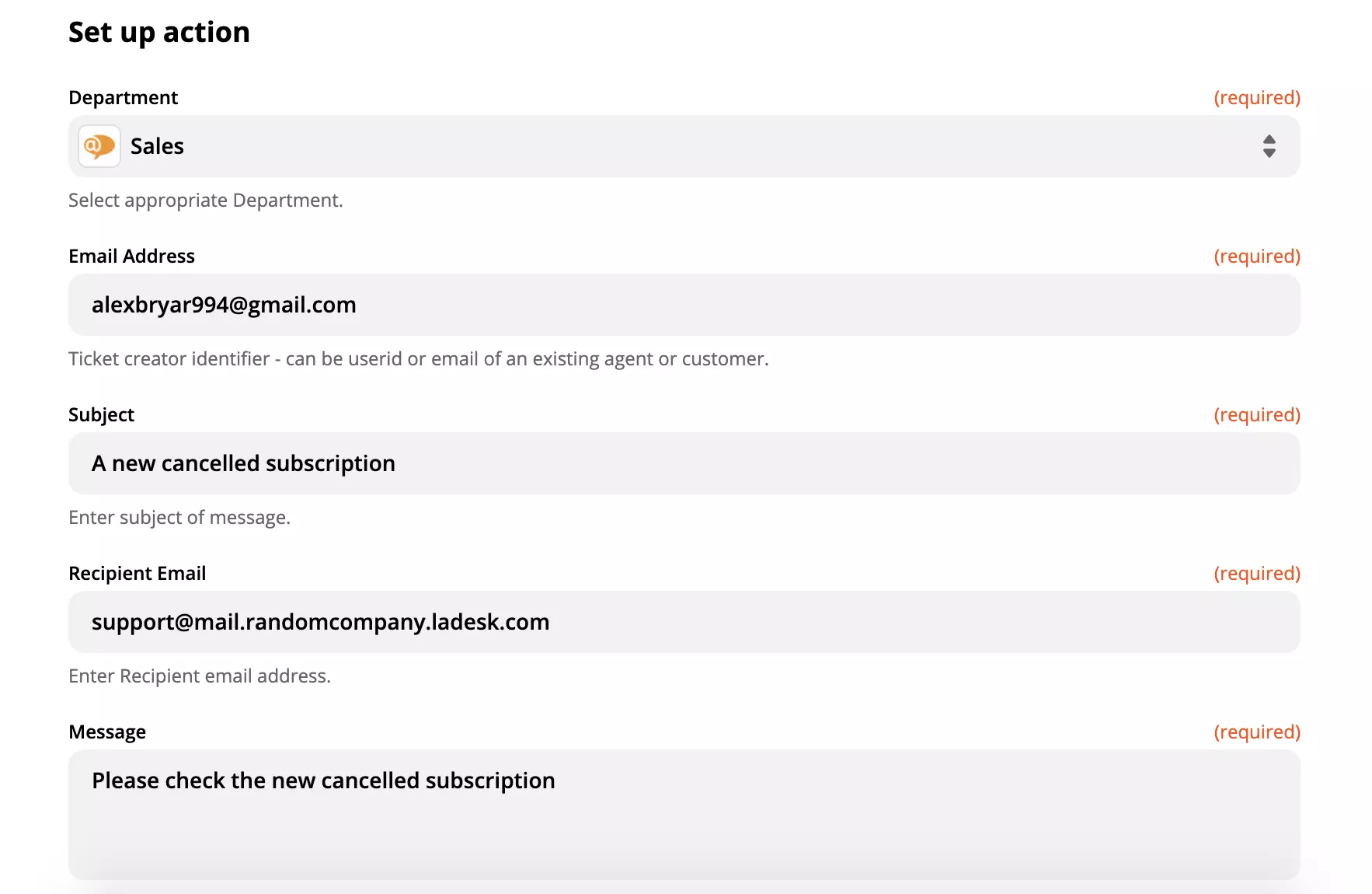 مثال على إعداد إجراء LiveAgent