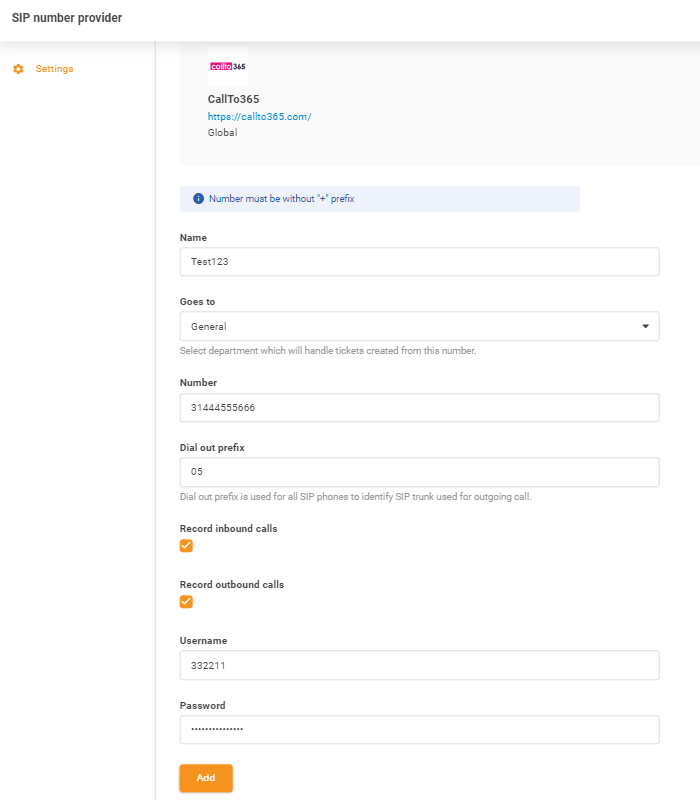 إدخال بيانات اعتماد CallTo365