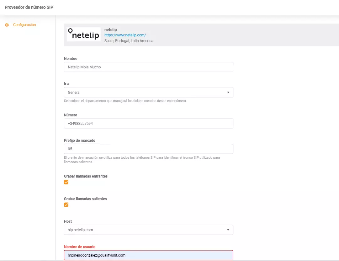 بيانات اعتماد تكامل Netelip LiveAgent