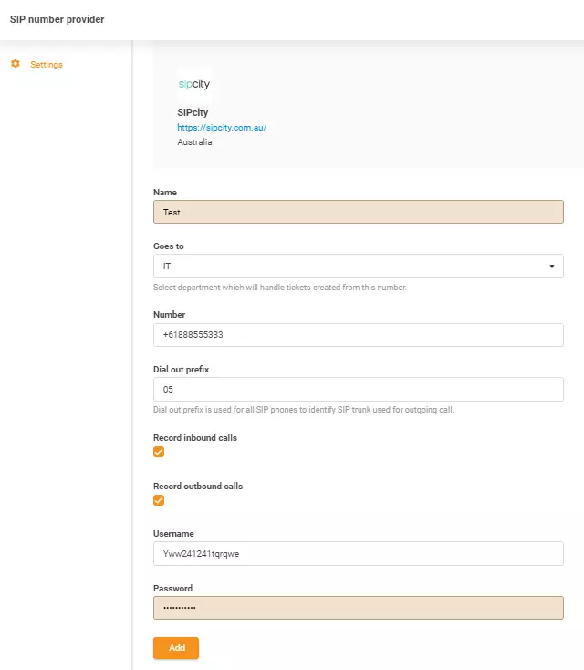 بيانات اعتماد SIPcity
